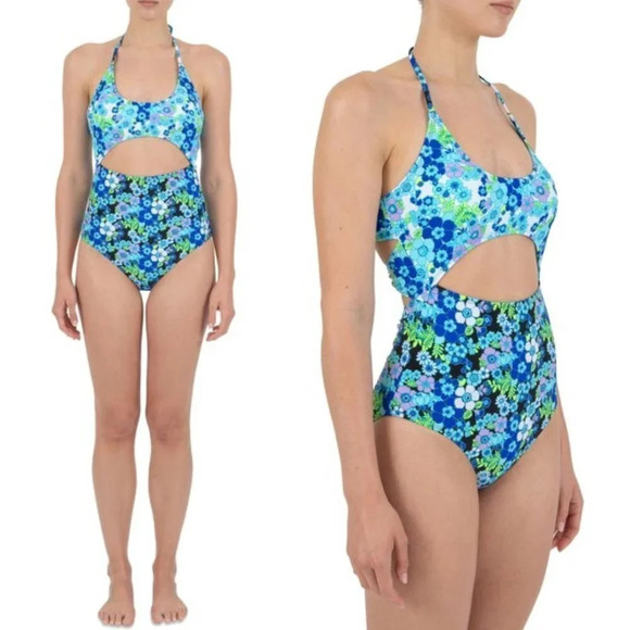 CYN & LUCA NWT Black Blue White Floral Front Cut Out One Piece Swimsuit Size L - Picture 2 of 9